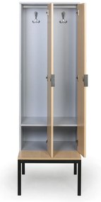 Drevená šatníková skrinka S4 s lavičkou, 4 oddiely, 1871 x 1200 x 500/800 mm, demont, mechanický kódový zámok, sivá/zelená