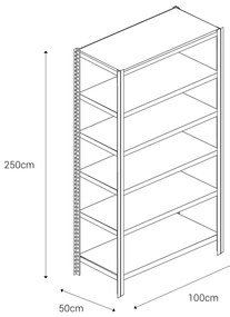 Bezskrutkový kovový regál 250x100x50cm T profil, 6 políc