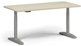 Výškovo nastaviteľný stôl OBOL, elektrický, 675-1325 mm, zaoblené rohy, doska 1600x800 mm, sivá zaoblená podnož, breza