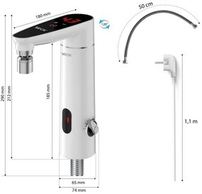 Dotykový prietokový ohrievač vody 3000W/230V IPX4 s LED displejom, biely