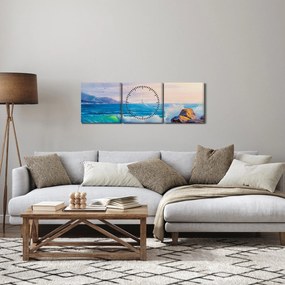 Obraz vĺn narážajúcich na útesy, olejomaľba (s hodinami) (90x30 cm)