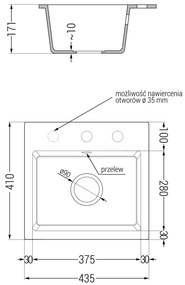 Mexen Milo, 1-komorový granitový drez 435x410x171 mm a drezová batéria Elia, čierna škvrnitá, 6505-76-670101-76