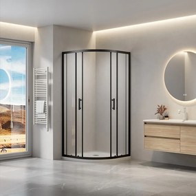 Erga Peoria, štvrťkruhový sprchový kút s posuvnými dverami 100(dvere) x 100(stena) x 190 cm, 6mm číre sklo, čierny profil, ERG-Q02-PEORIA-D100D100-CL-BK