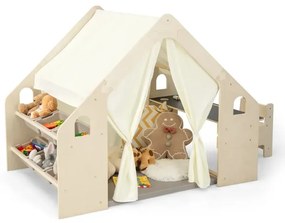 Drevený detský stan 6 v 1 s detským stolíkom a stoličkou, podložkou a tabuľou na hranie 145 x 98 x 113 cm