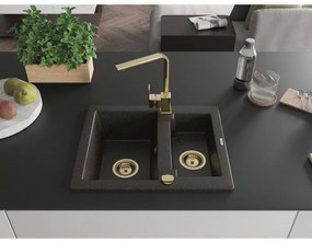Mexen Carlos, 1,5-komorový granitový drez s odkvapkávačom 582x475x177 mm a zlatá kuchynská batéria Rita, čierna - zlatá metalíza, 6518-75-670300-50
