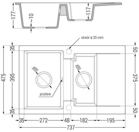 Mexen Gaspar, granitový drez 752x436x161 mm, 1,5-komorový a drezová batéria Carla, šedá, 6507-71-670700-50