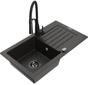 Mexen Pablo, 1-komorový granitový drez 752x436x161 mm a drezová batéria Aster, čierna-zlatá metalíza, 6510-75-73450-70-B
