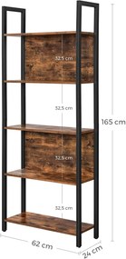 Knižnica, industriálna, 5 políc, 165x62x24cm
