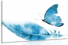 Obraz pierko s motýľom v modrom prevedení - 90x60