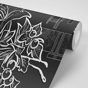 Samolepiaca tapeta čiernobiela kvetinová ilustrácia - 225x150