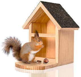 Kŕmidlo pre veveričky, špicatá strecha, borovicové drevo, asfaltový náter, neošetrené