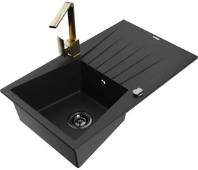 Mexen Cesar, granitový drez 775x470x190 mm, 1-komorový, čierna s čiernym sifónom a zlatá drezová batéria Rita, 6514-77-670300-50-B