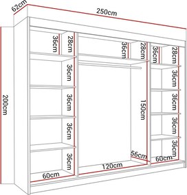 ŠATNÍKOVÁ SKRIŇA S POSUVNÝMI DVERAMI NINA JASEŇ TMAVÝ + ZRKADLO 250 cm