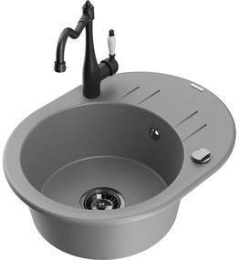 Mexen Kevin, drez granitový 586x458x190 mm, 1-komorový a drezová batéria Carla, šedá, 6517-71-670700-70-B