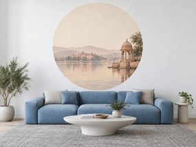 Indický palác pri jazere orientálna akvarelová kruhová dekorácia na stenu pre milovníkov cestovania arch 46 x 46 cm