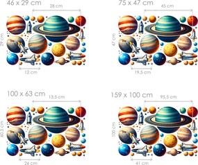 Vesmírne raketky textilní prelepiteľné nálepky na stenu list 46 x 29 cm
