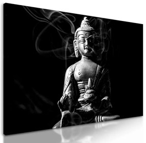 Obrazu Budha zahalený dymom v čiernobielom prevedení