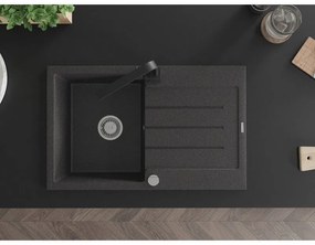 Mexen Bruno, drez granitový 795x495x200 mm, 1-komorový, čierna škvrnitá s chrómovým sifónom a čierna drezová batéria Rita, 6513-76-670300-70