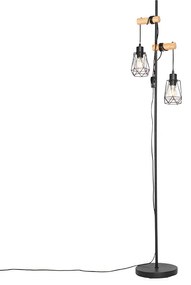 Rustikálna stojaca lampa čierna s drevom 2-svetlo s tienidlom - Dami Frame