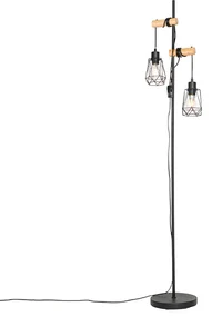 Rustikálna stojaca lampa čierna s drevom 2-svetlo s tienidlom - Dami Frame