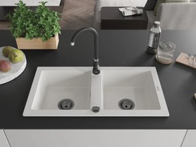 Mexen Mario, granitový drez 820x436x161 mm, 2-komorový, biela s čiernym sifónom, 6504822000-20-B