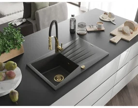 Mexen Cesar, 1-komorový granitový drez 775x470x190 mm a drezová batéria Aster, čierna škvrnitá, 6514-76-73450-57-G