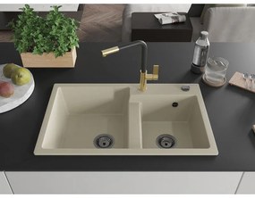 Mexen Tomas, 2-komorový granitový drez 800x500x190 mm a drezová batéria Flora, béžová, 6516-69-670401-57-B