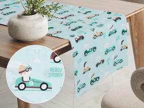 Biante Detský bavlnený behúň na stôl Sandra SA-375 Zajačie automobilové preteky na mintovom 35x120 cm