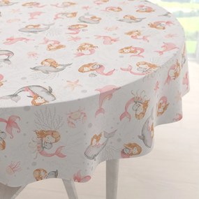 Biante Detský bavlnený okrúhly obrus Sandra SA-527 Ružové morské panny s delfínmi a veľrybami na bielom Ø 70 cm