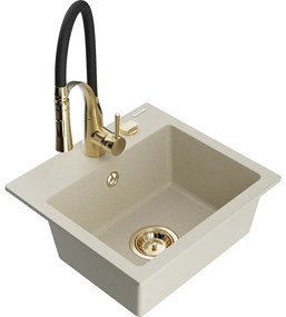Mexen Milo, 1-komorový granitový drez 435x410x171 mm a drezová batéria Aster, béžová, 6505-69-73450-57-G