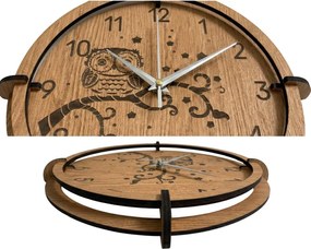 Drevené nástenné hodiny Sova na vetve – dubový dekor, tichý chod | SENTOP HDF0573-OAK