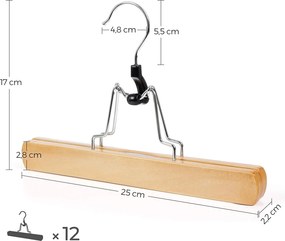 Drevené vešiaky na nohavice, ramienka, protišmykové, sada 12 ks, prírodné