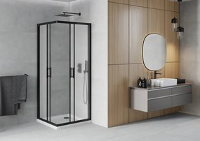 Mexen Rio, štvorcový sprchovací kút s posuvnými dverami 80(dvere) x 80(dvere) x 190 cm, 6mm sklo námraza, čierny profil + biela sprchová vanička SLIM, 860-080-080-70-30-4010B