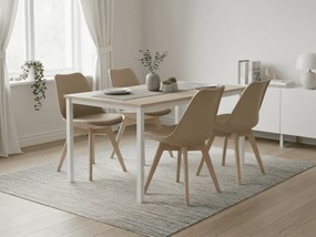 Jedálenský set 1 + 4, biely stôl TESSA 120x60 cm dekor dub + béžová stolička BALI MARK s bukovými nohami
