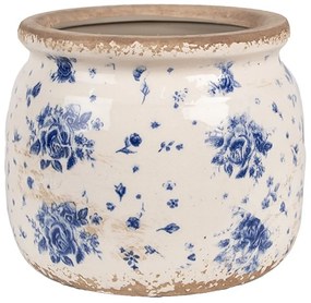 Béžový keramický obal na kvetináč s modrými ružami Blue Rose S - Ø 16*13 cm
