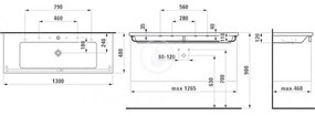 LAUFEN Living Dvojumývadlo do nábytku, 1300 mm x 480 mm, biela – s 3 otvormi na batériu H8164360001081