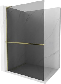 Mexen Kioto+ L, sprchová zástena Walk-In s poličkou a vešiakom 70 x 200 cm, 8mm šedé sklo, zlatý lesklý profil,800-070-123-50-40