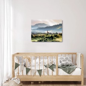 Sklenený obraz - dedinka v hmle (70x50 cm)