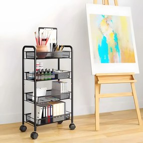 ModernHome Policový kovový organizér na kolieskach, 4 police, čierna ModernHome