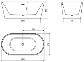 Mexen Luna, voľne stojaca vaňa 150 x 75 cm, biela-čierna, medený prepad, 52031507575-65