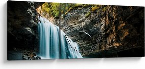 Obraz lesného vodopádu (s hodinami) (90x30 cm)