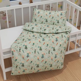Biante Detské bavlnené posteľné obliečky do postieľky Sandra SA-468 Medvedíkovia na motorkách na zelenom Do postieľky 90x130 a 40x60 cm