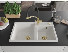 Mexen Tomas, 2-komorový granitový drez 800x500x190 mm  a kuchynská batéria Duo, biela, 6516-20-671701-57-G