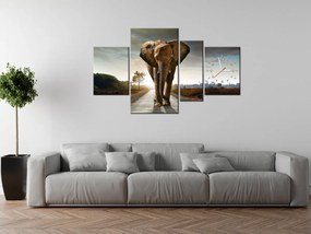 Gario Obraz s hodinami Osamelý silný slon - 4 dielny Rozmery: 120 x 80 cm