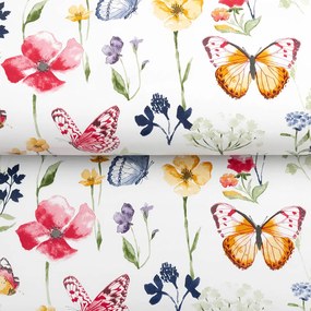 PVC obrus Jarné kvietky s motýlikmi na bielom PV-097 - metráž š. 140 cm