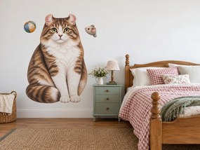 Americký curl s loptičkou a myškou pruhované mačacie nálepky na stenu do spálne arch 31 x 46 cm