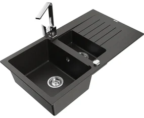 Mexen Matias, granitový drez 900x505x200 mm, 1,5-komorový a chrómová batéria Rita, čierna-zlatá metalíza, 6502-75-670300-00