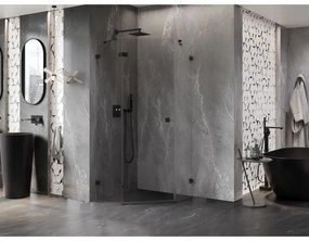 Mexen Lunar, päťuholníkový sprchový kút s ľavým sklonom 90 x 90 cm, 8mm číre sklo, čierny profil, 831-090L-090P-70-00-L
