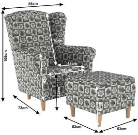 Kondela Kreslo, ušiak s taburetom, patchwork N1 látka, ASTRID