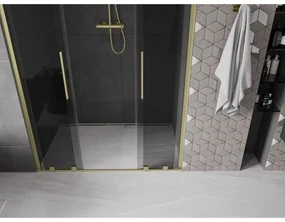 Mexen Velar Duo, posuvné sprchové dvere do otvoru 140 cm, 8mm šedé sklo, zlatá matná, 871-140-000-42-55